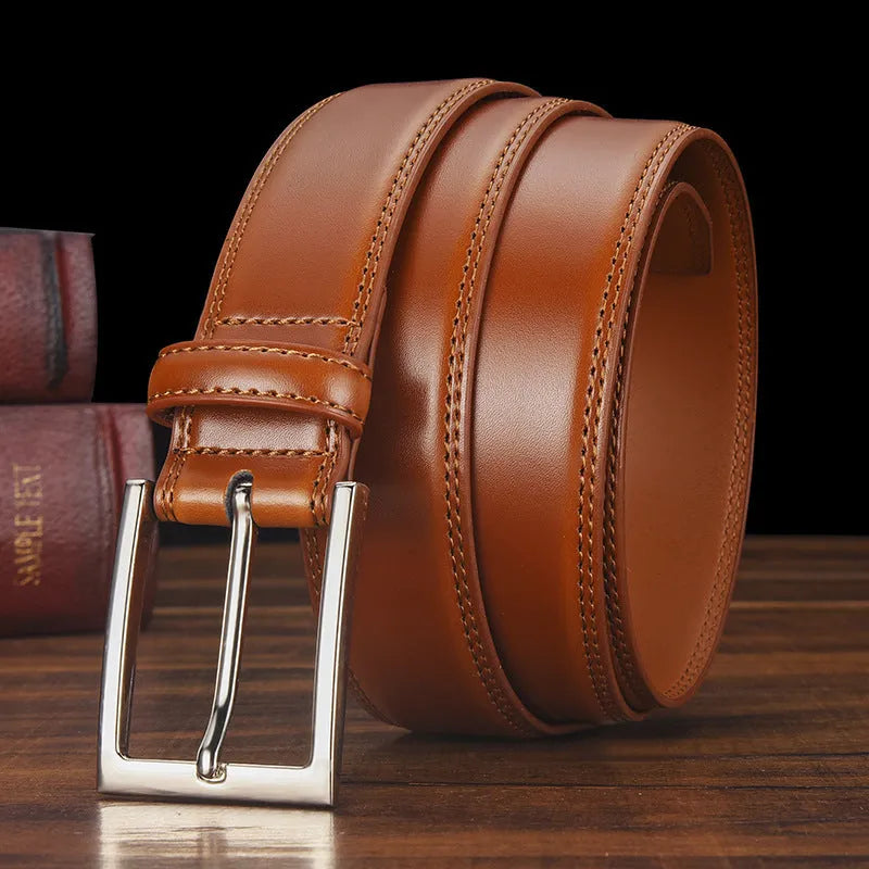 Men's genuine leather pin buckle belt in brown, showing the alloy buckle and belt length.