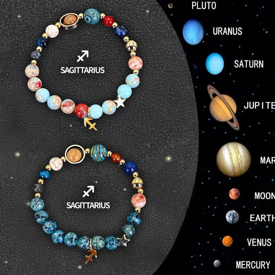 Two natural stone beaded bracelets with adjustable cords, presented as a zodiac sign bracelet set.