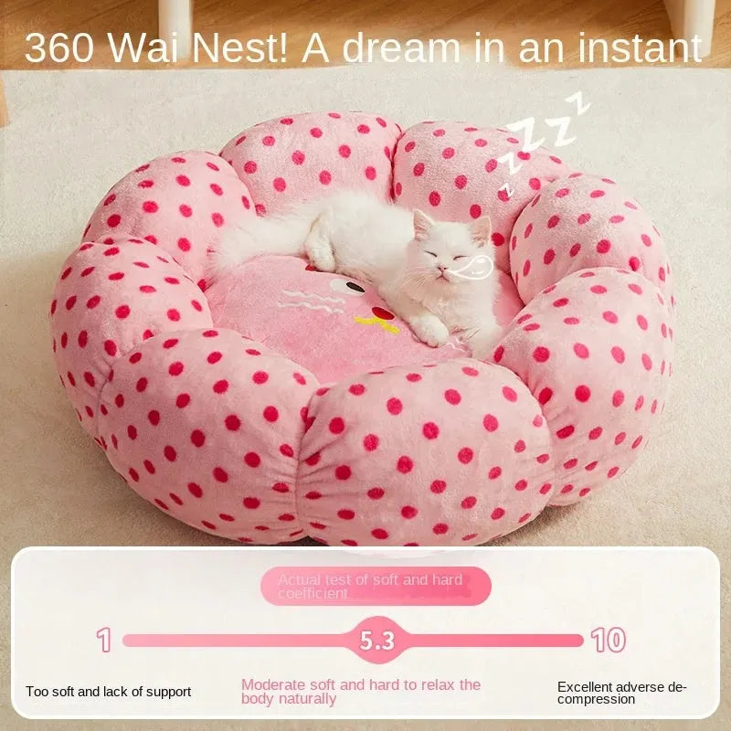 Pink dotted fabric round cat bed in 45cm or 65cm diameter for pets up to 20 pounds