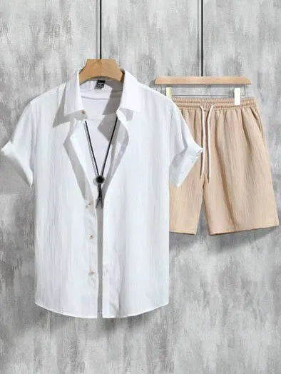 Men's 3D printed Hawaiian pattern short sleeve shirt and matching shorts set on a hanger.