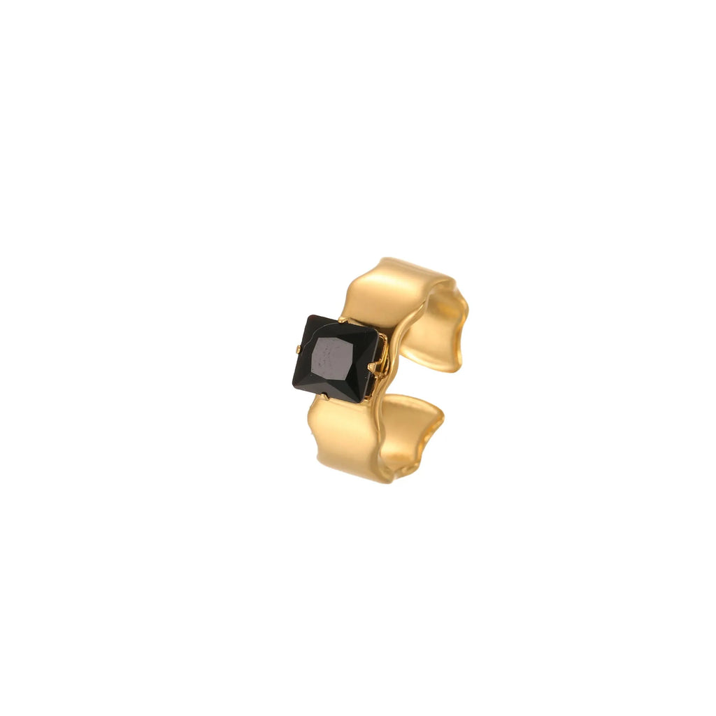 Adjustable open mouth titanium steel ring for women with inlaid zircon stones in a geometry design.