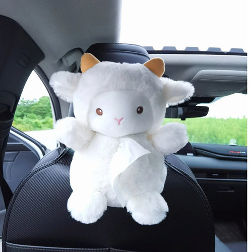 Cartoon lamb soft plush car tissue box organiser with decorative design for dashboard or home.