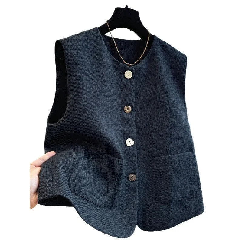 Women's round neck sleeveless vest in French bandage style, available in milky white and black colours