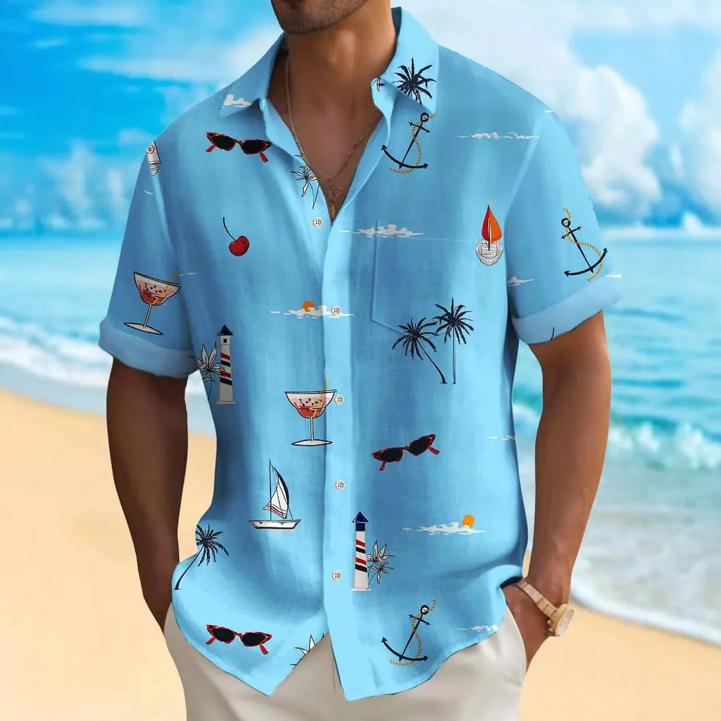 Men's loose fit Hawaiian shirt with digital printed pattern, short sleeves, available in multiple colours