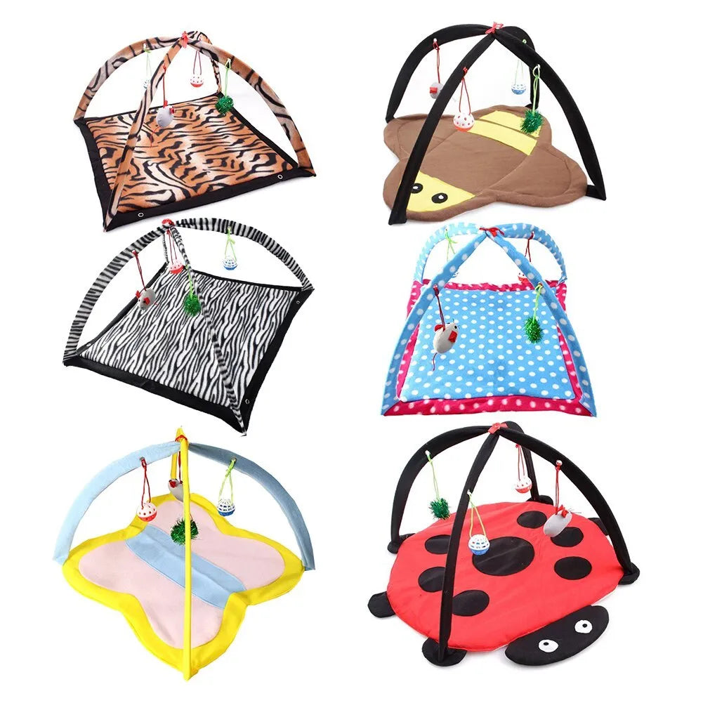 Cartoon cat play tent in bee pattern, foldable fleece hammock with two balls for kittens