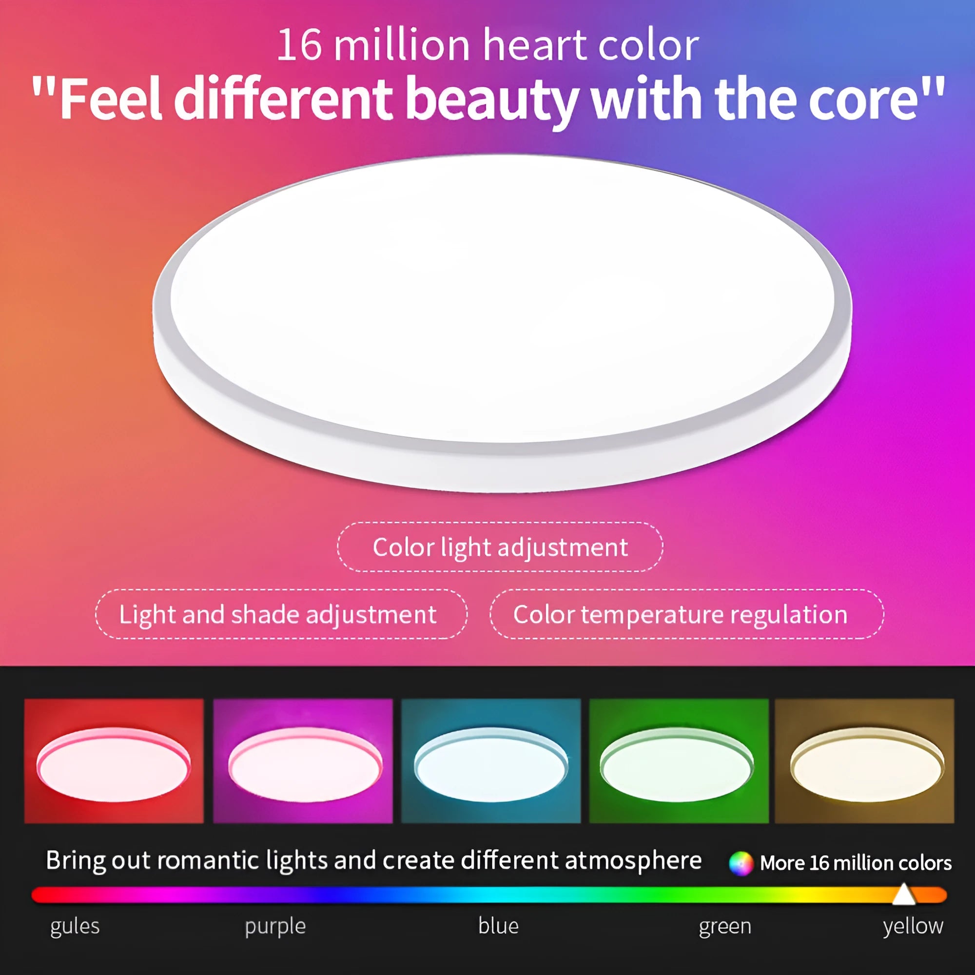 RGBCW Bluetooth ceiling lamp with 300mm diameter in black or white finish showing app control interface