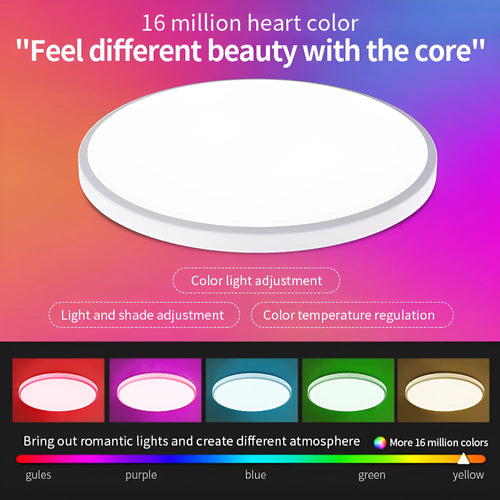 RGBCW Bluetooth ceiling lamp with 300mm diameter in black or white finish showing app control interface