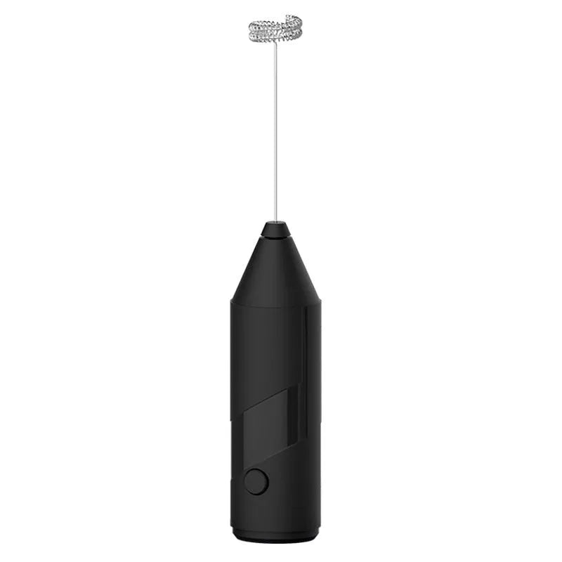 Mini handheld electric milk frother in black, white or khaki colours with USB charging port and stainless steel frothing wand