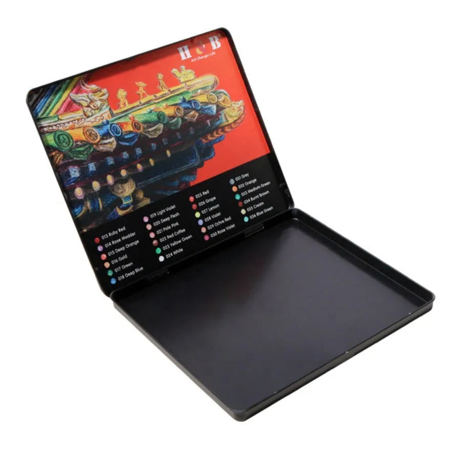 Box of 24 water-soluble coloured pencils in a professional silver metal brush-iron case.