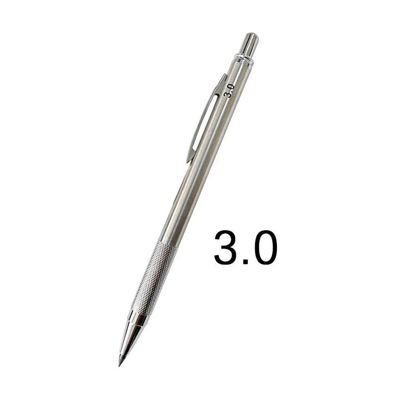 Metal automatic mechanical pencil with various lead specifications displayed