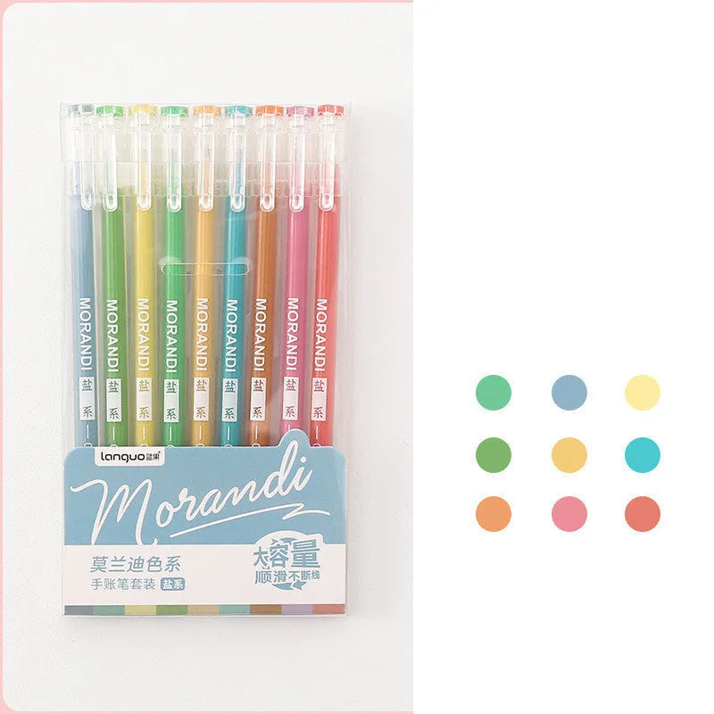 Retro hand account gel pen set showing nine colour pens with 0.5mm needle tips and plastic construction
