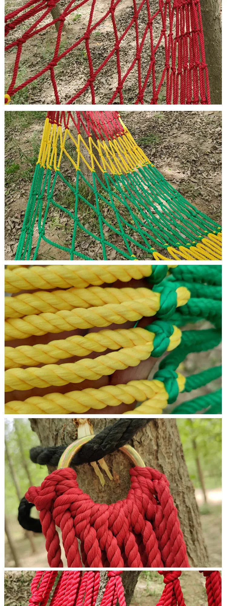 Nylon rope mesh hammock hung between trees showing 1.1m width