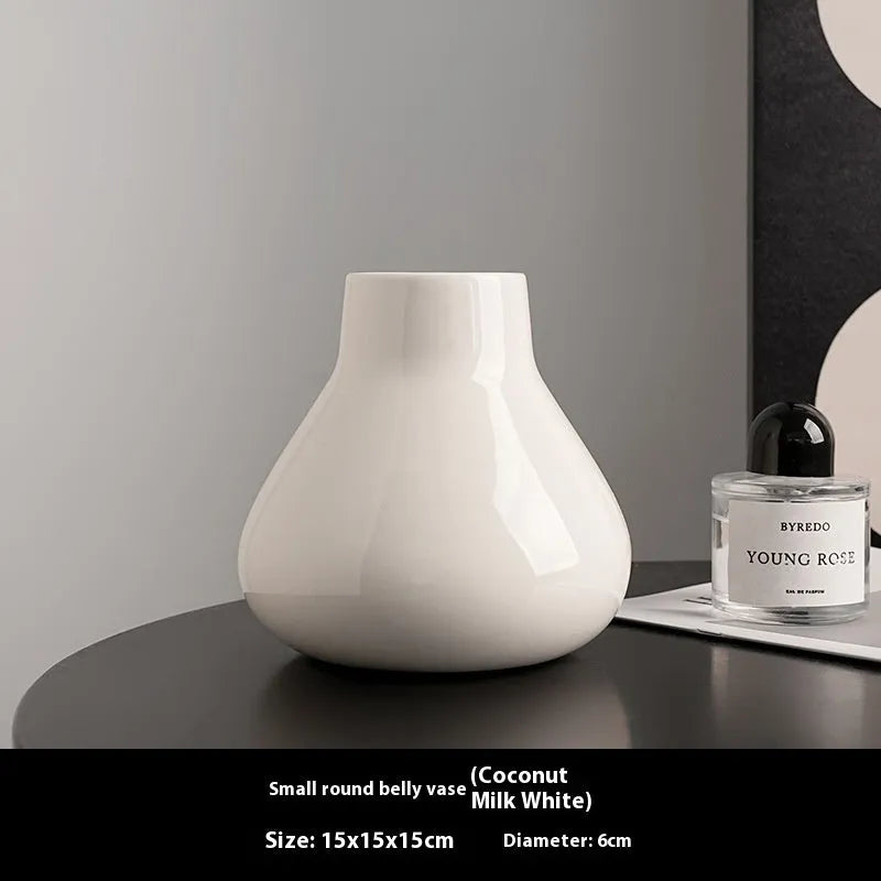 Ceramic round belly vase in black or white with French modern style and optional artificial orchid flowers