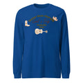 Blue men's loose round neck polyester sweater with printed letter pattern, laid flat.