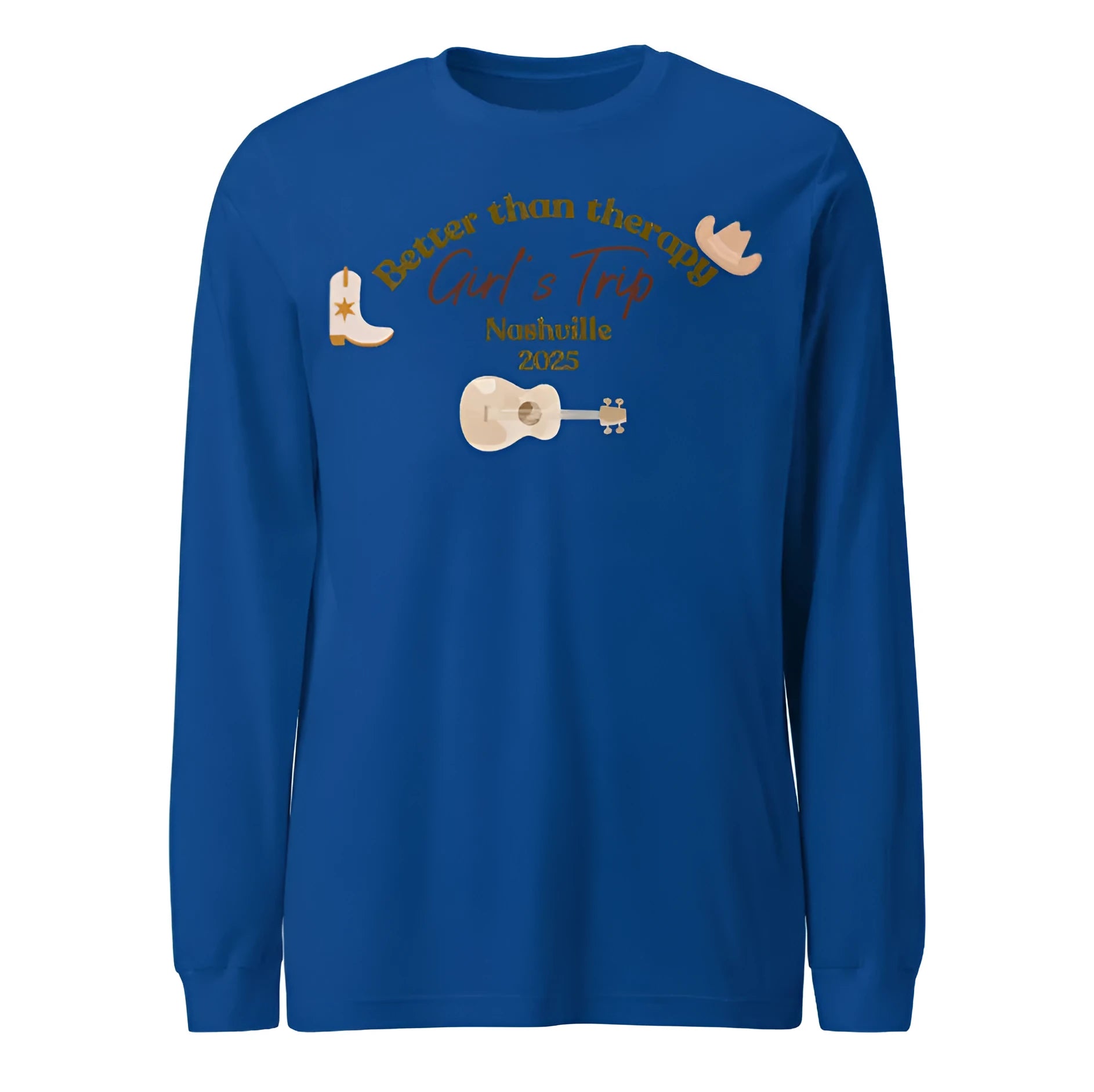 Blue men's loose round neck polyester sweater with printed letter pattern, laid flat.