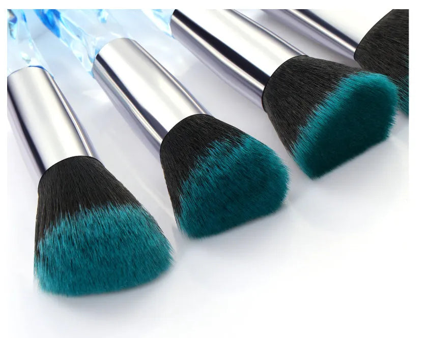 10 crystal handled foundation brushes with synthetic bristles in black blue red yellow colours