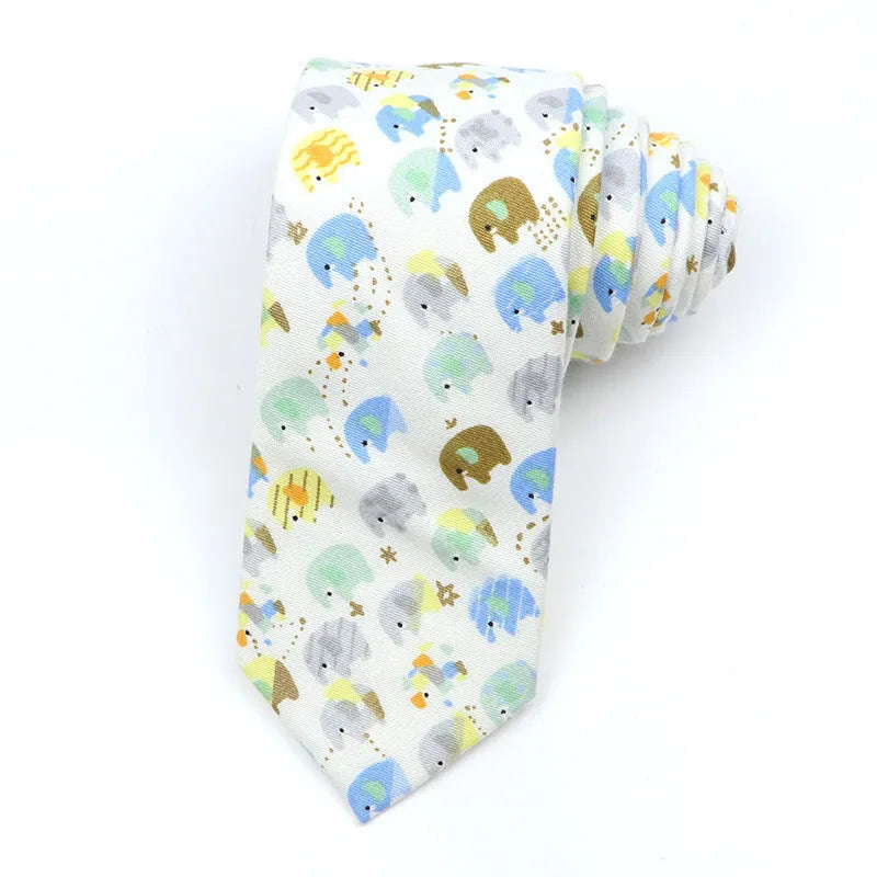 Korean style narrow men's cotton bow tie with a cartoon print pattern on an adjustable neck band.