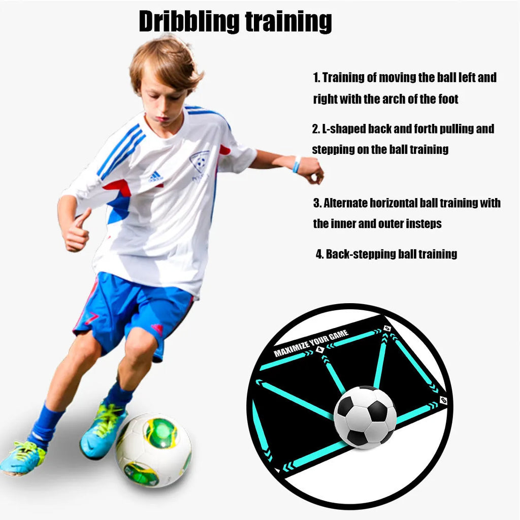 Black football training mat measuring 60 by 90 centimetres with non-slip surface