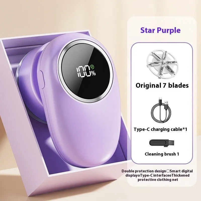 Beige and purple digital fur ball trimmer lint removers with one, two, three, and four cutter head options on a table.