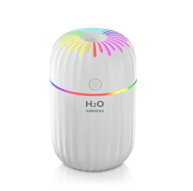 White USB mini humidifier with 300ml water tank measuring 75x75x116mm