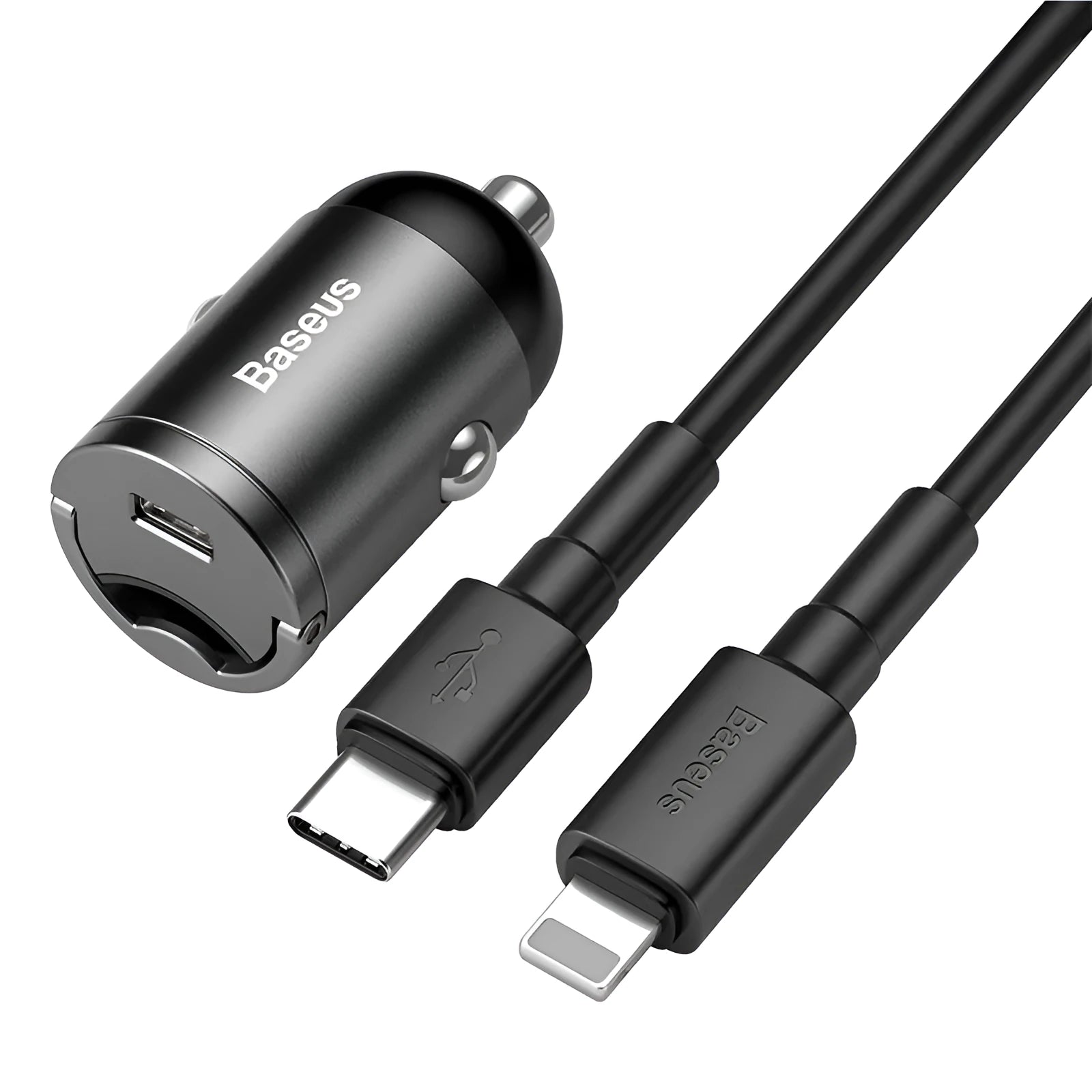 Baseus grey 30W PPS fast car charger with single USB port and 1 metre cable