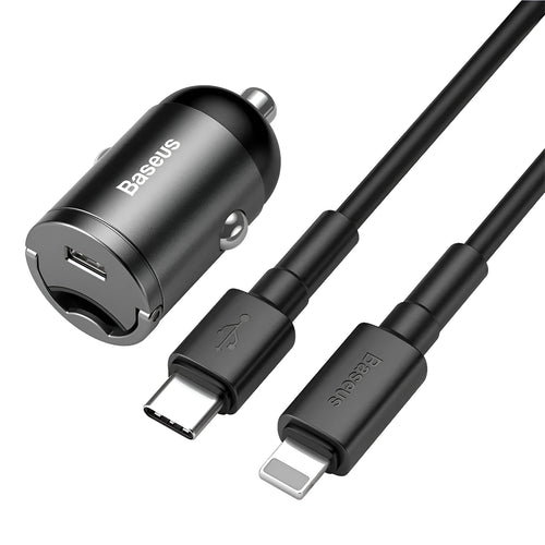 Baseus grey 30W PPS fast car charger with single USB port and 1 metre cable