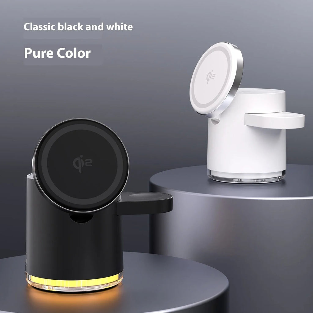 C16 ivory white folding magnetic three-in-one wireless charger showing phone, watch, and earbuds charging simultaneously.