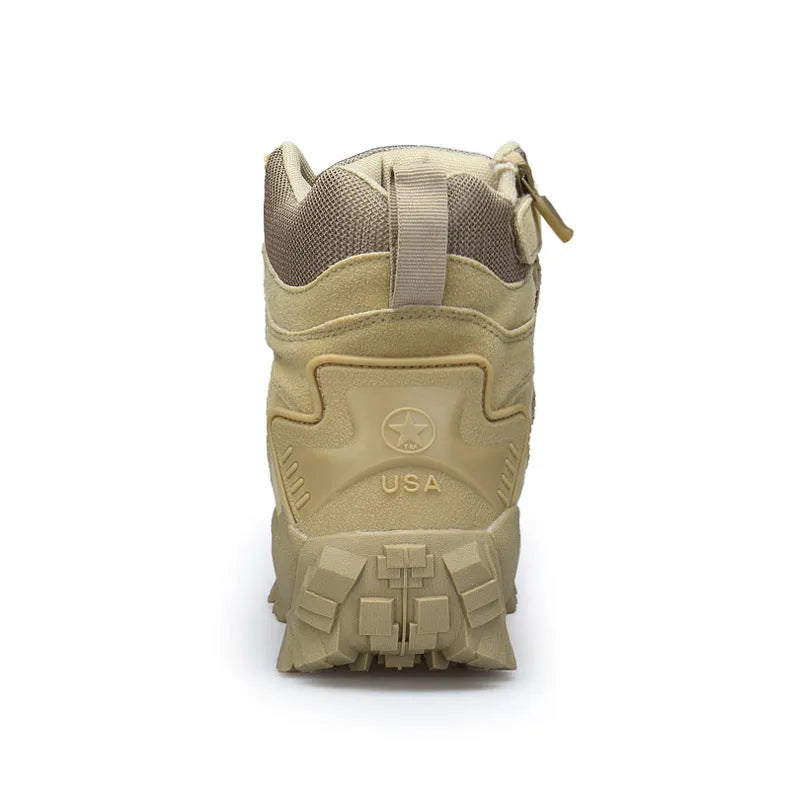 Men's black tactical military boots with rubber sole, US Army Delta style, on a neutral background.