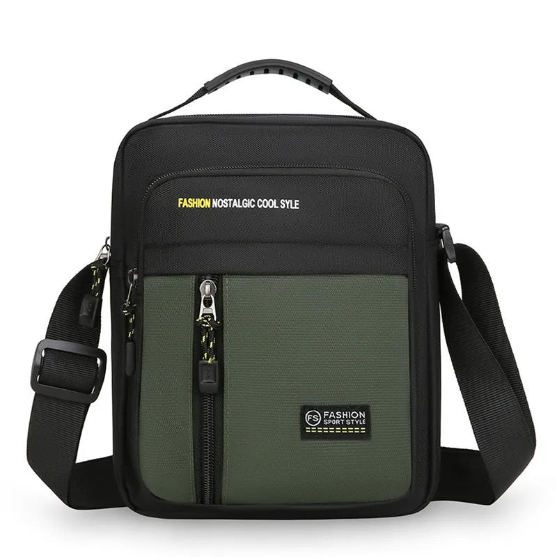 Men's green nylon casual crossbody messenger bag with a single shoulder strap.