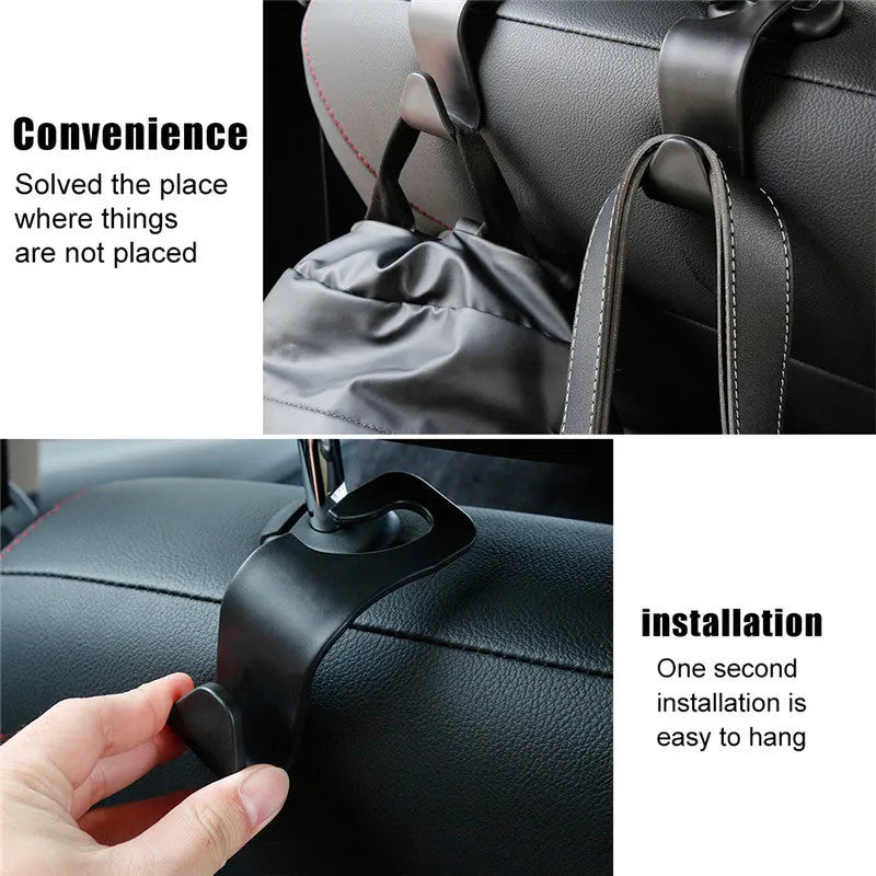Set of 4 black PP universal car seat back hooks, each 11cm x 3.5cm, with 20kg weight capacity, for hanging bags from car front seat backs