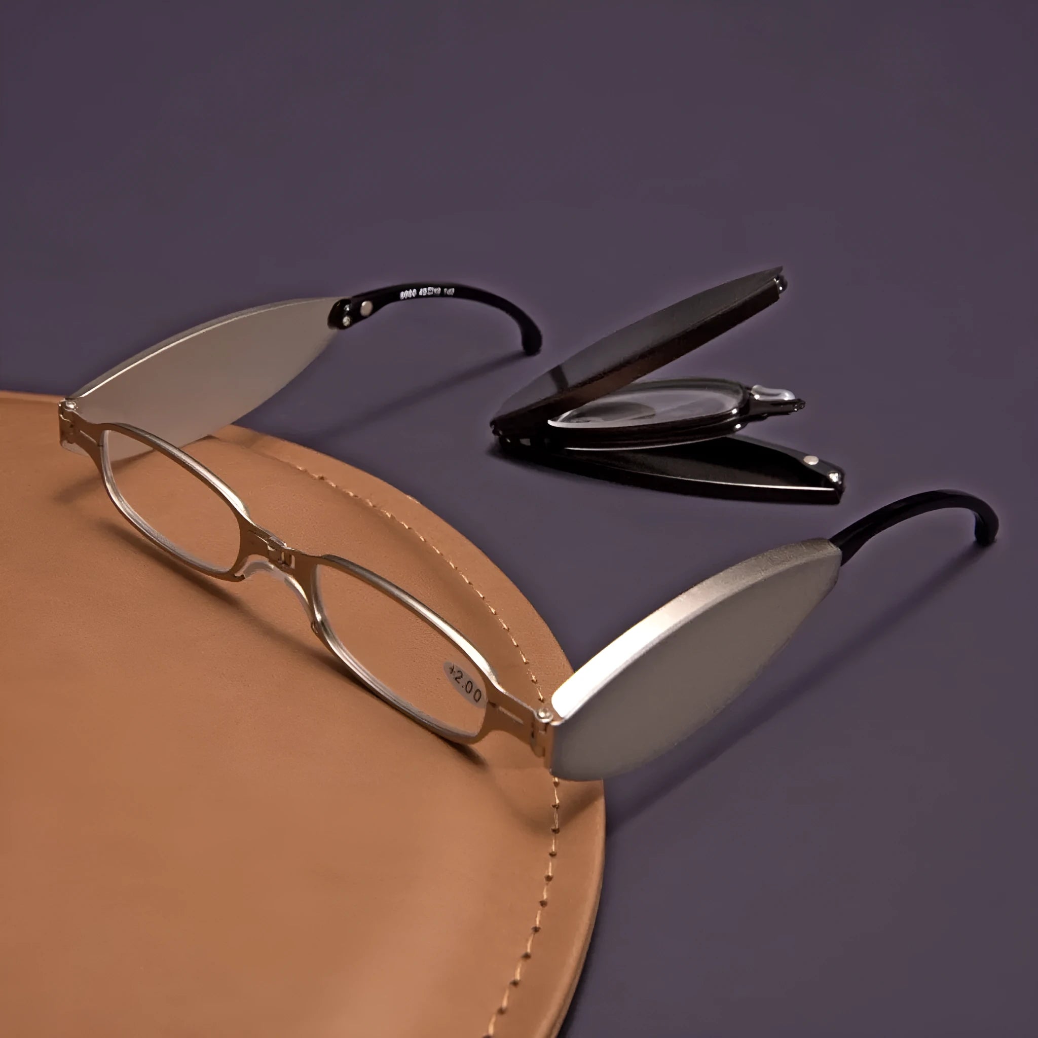 Black retro-style folding reading glasses for men, shown open and folded