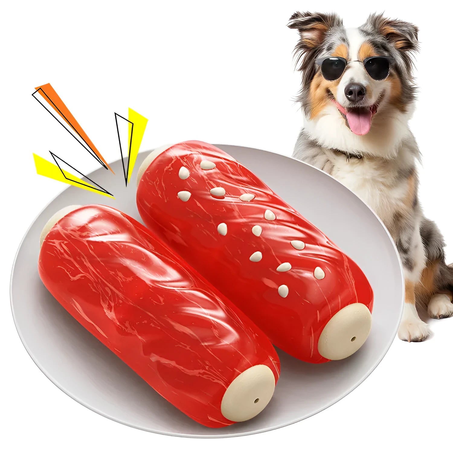 Primary colour plastic molar-shaped dog chew toy with textured ridges and hollow treat-dispensing centre