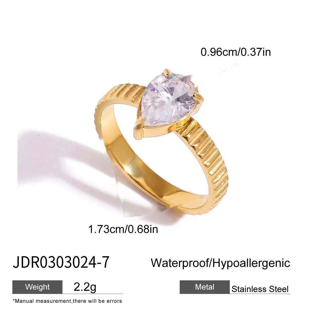 Geometric stainless steel zircon ring with no-fade finish on a hand.
