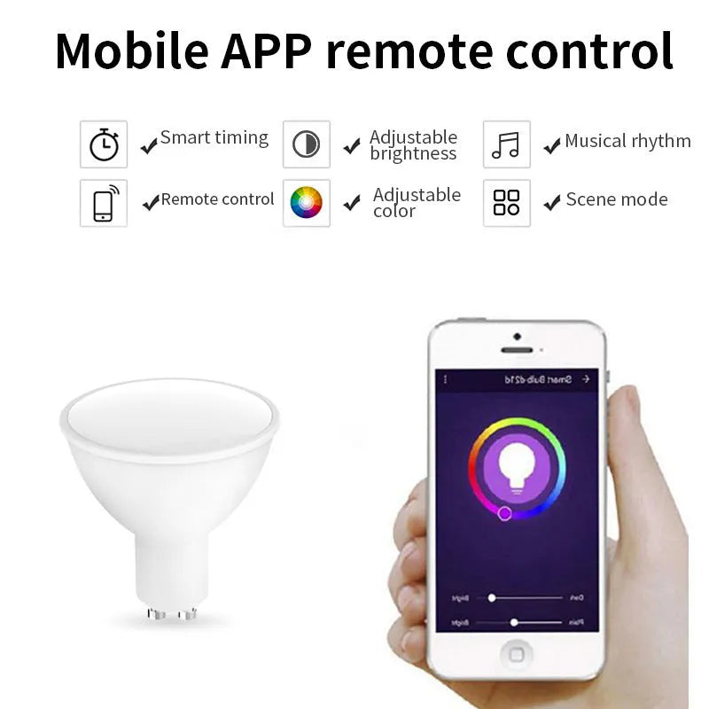 GU10 format smart wifi LED spotlight bulb with RGBCCT colour and voice control.