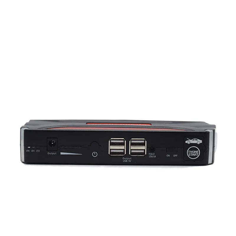 Black-red 12V vehicle emergency starting power supply measuring 178x80x30mm with safety protections