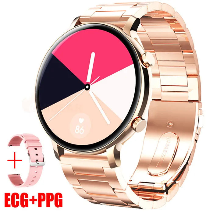 Bluetooth smartwatch with stainless steel strap showing call function and health metrics on screen.