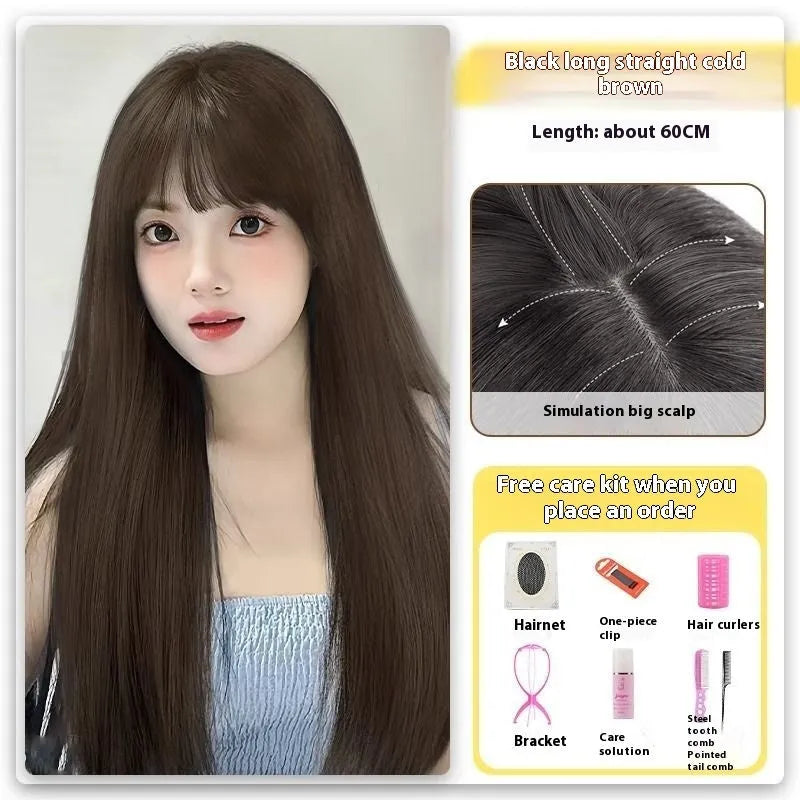 Long straight black wig with forehead lace and side bangs made from high temperature fibre.