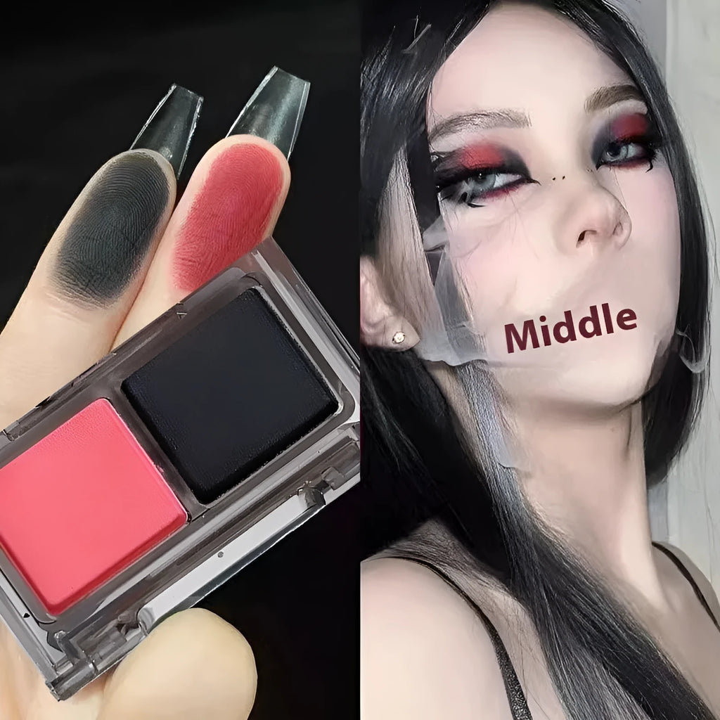 Dikalu two-tone eye shadow plate showing pink and black matte and shimmer shades in compact