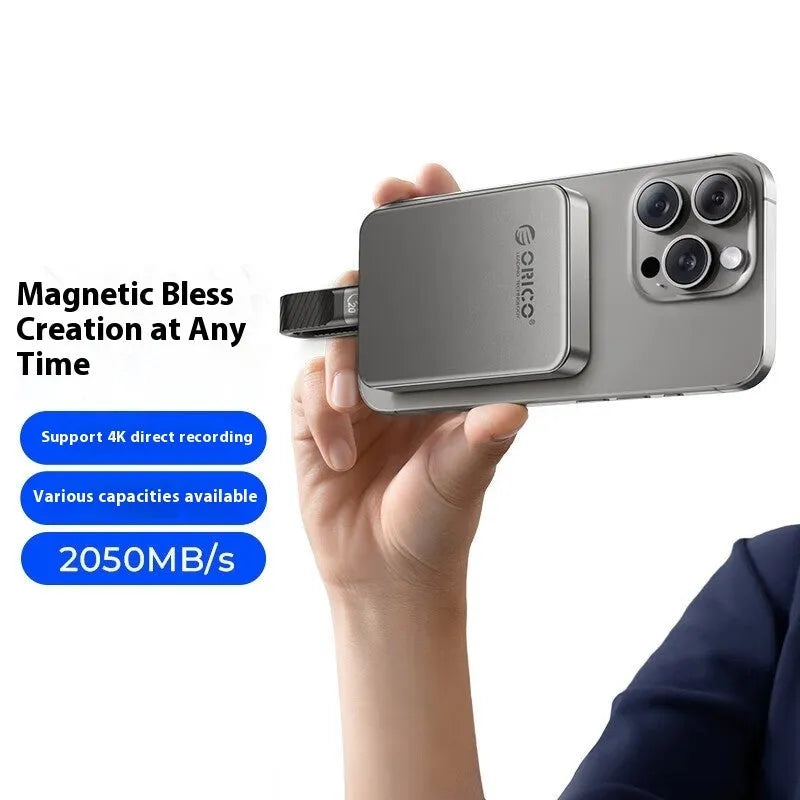 Grey magnetic mobile solid state drive with ultra-thin alloy plastic casing measuring 80x60mm