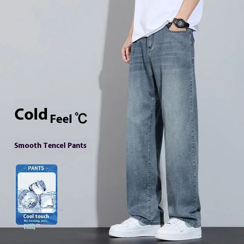 Straight-leg casual trousers in ice silk denim with wide-leg style and zip fly