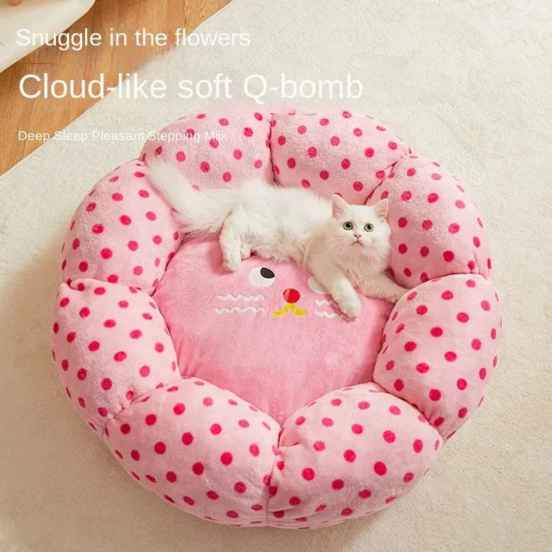 Pink dotted fabric round cat bed in 45cm or 65cm diameter for pets up to 20 pounds
