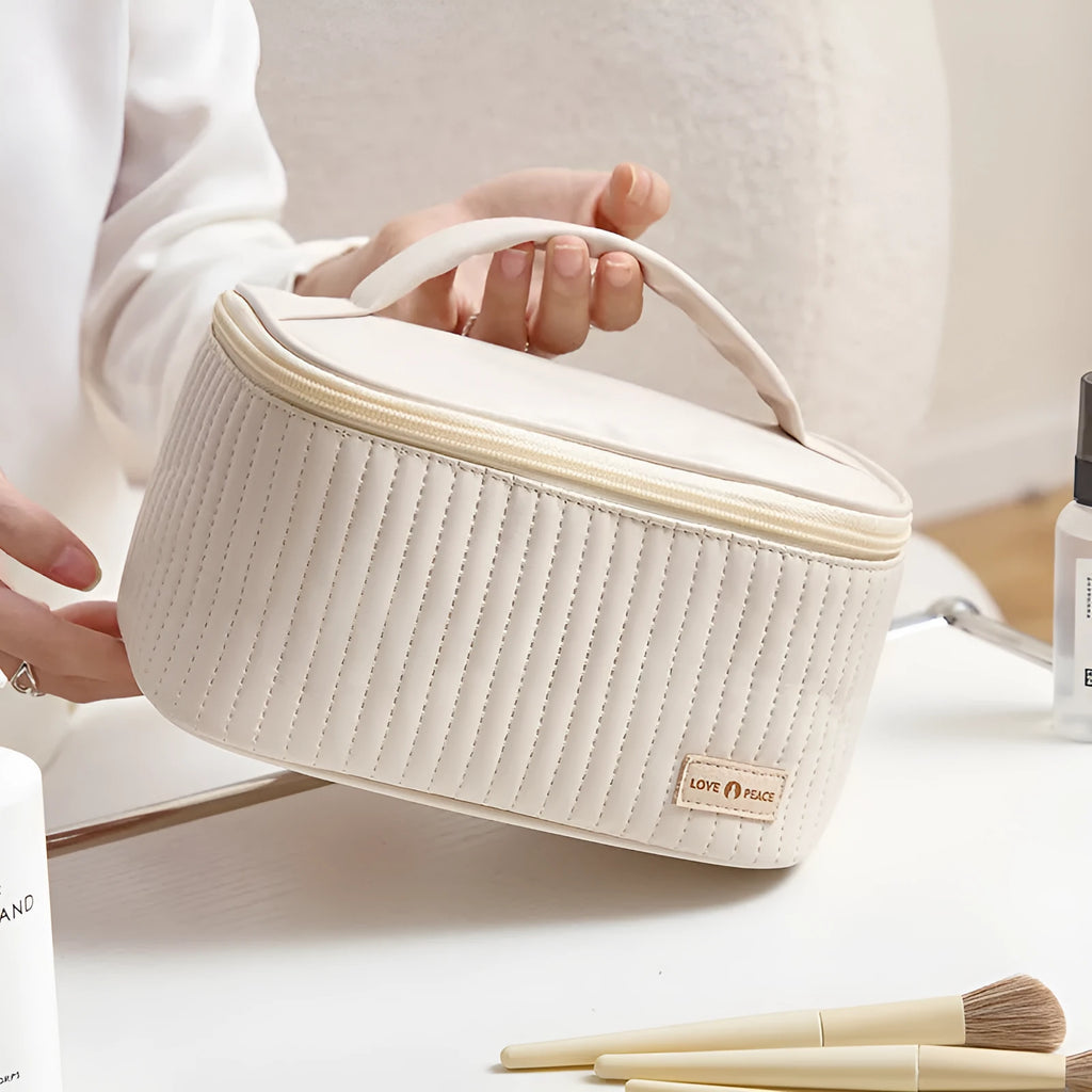 Open-top cake-shaped makeup bag in soft pastel PU leather