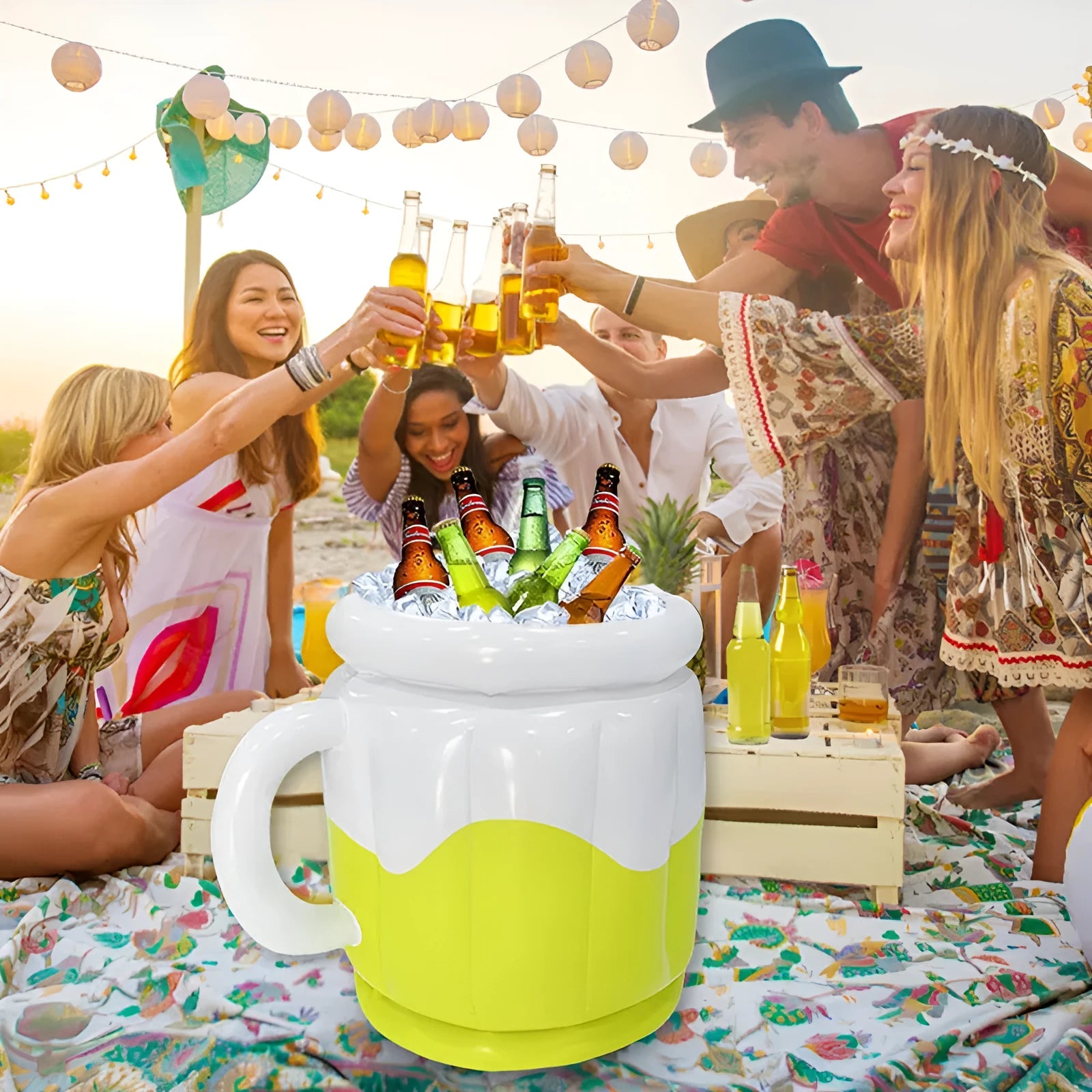 Bright yellow inflatable PVC ice bucket for outdoor parties and camping.