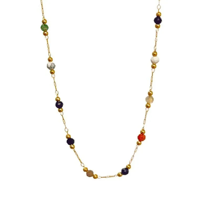 Gold titanium steel necklace with natural stone pendant showing O-ring chain and retro simple design