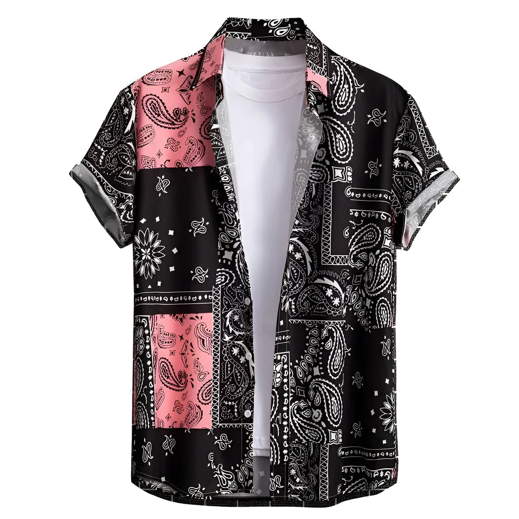 Men's slim fit Hawaiian shirt with short sleeves and digital printed pattern in cardigan style