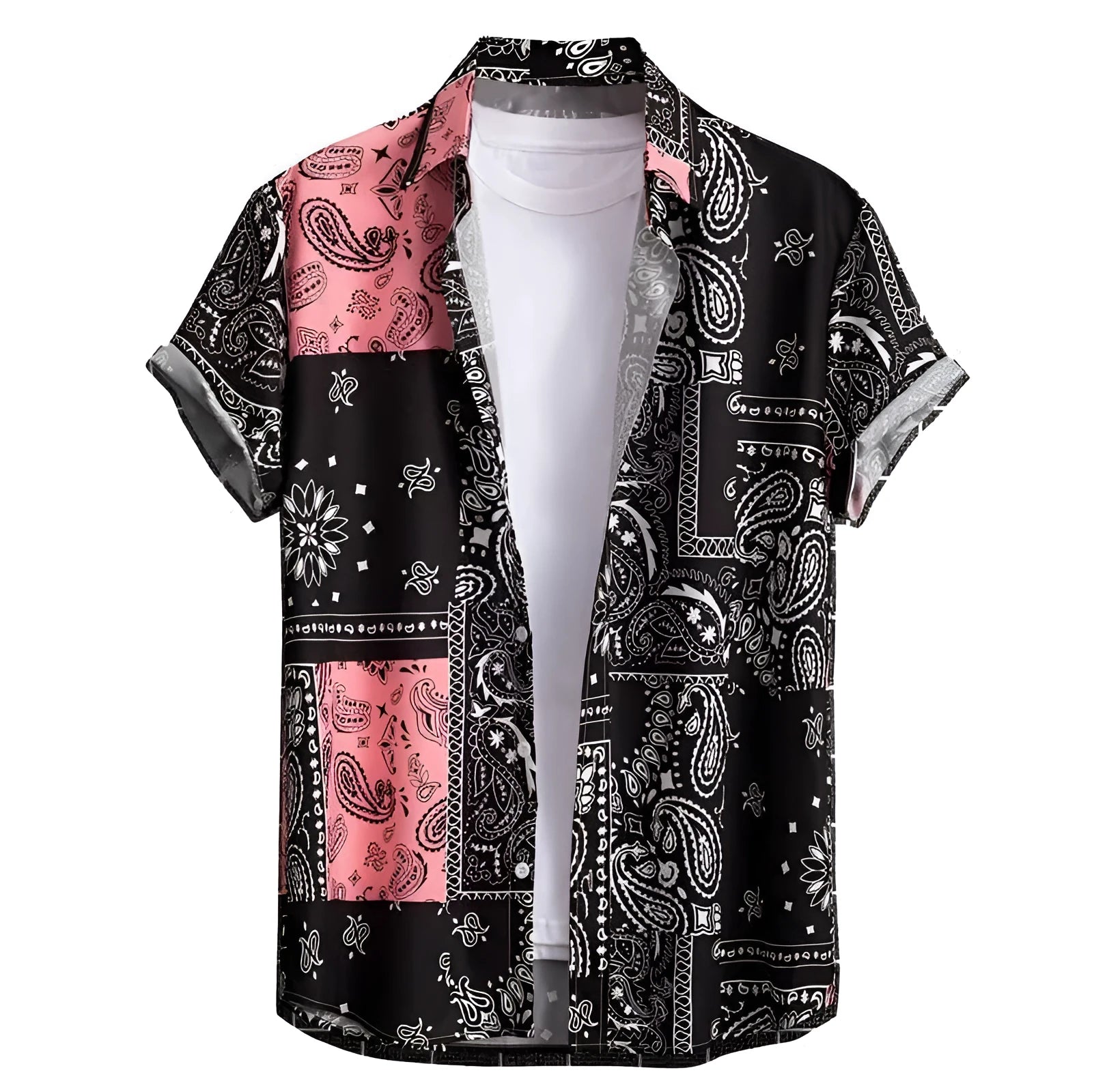 Men's slim fit Hawaiian shirt with short sleeves and digital printed pattern in cardigan style