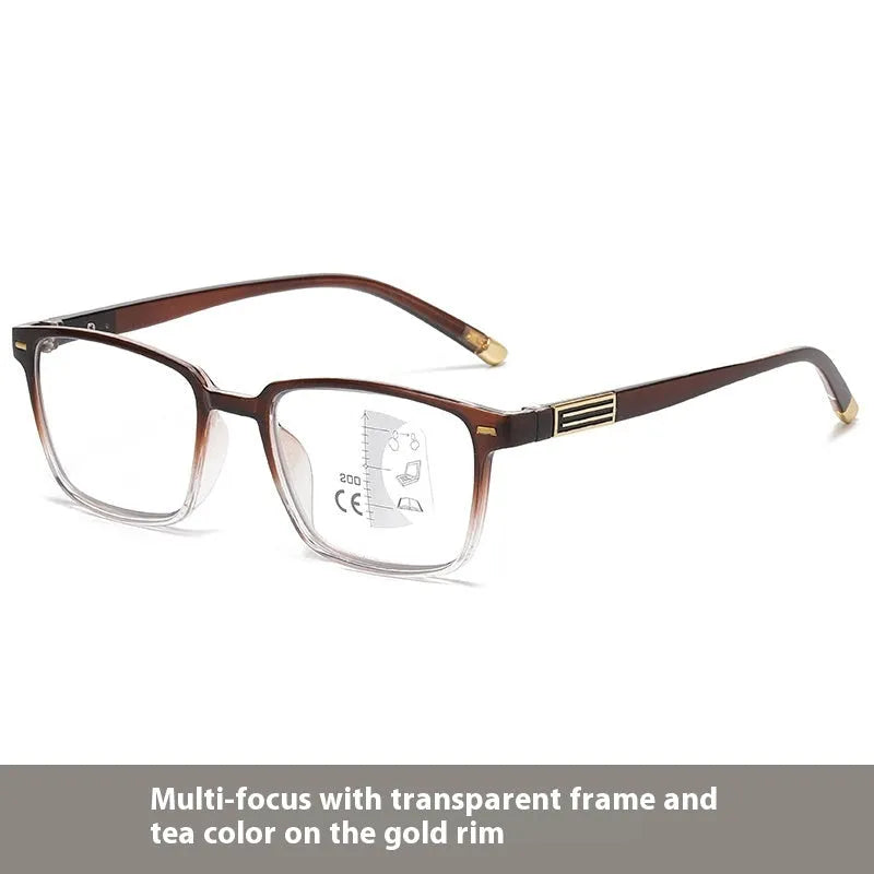 Anti blue light multifocal reading glasses with colour changing lenses in a black and gold frame style.