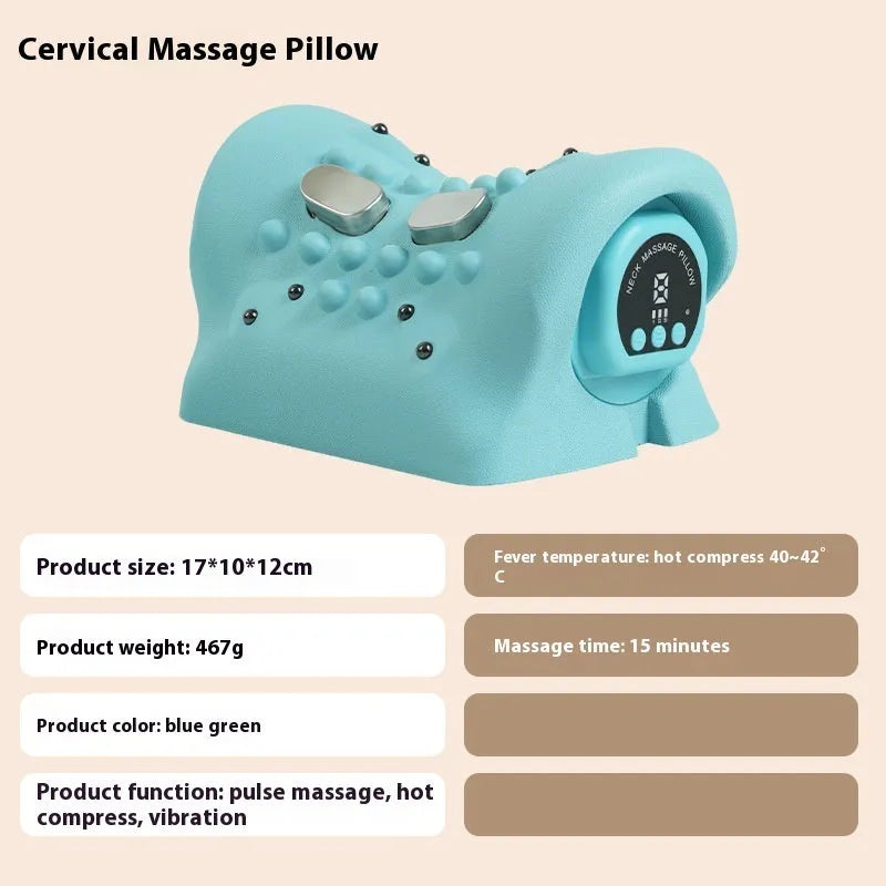 Blue green EMS neck and shoulder massage pillow with hot compress function measuring 17x10x12cm