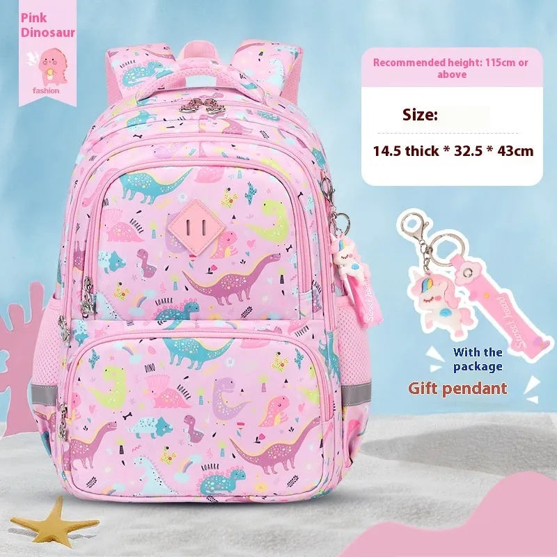 Blue dinosaur print waterproof Oxford cloth children's school backpack with curved shoulder straps.