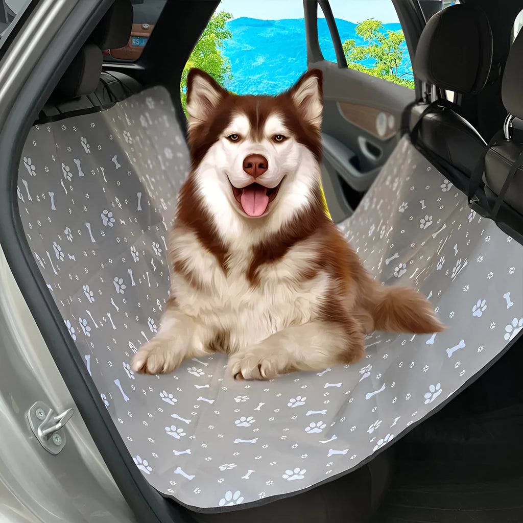 Grey car pet mat with dog bone print design covering a car rear seat